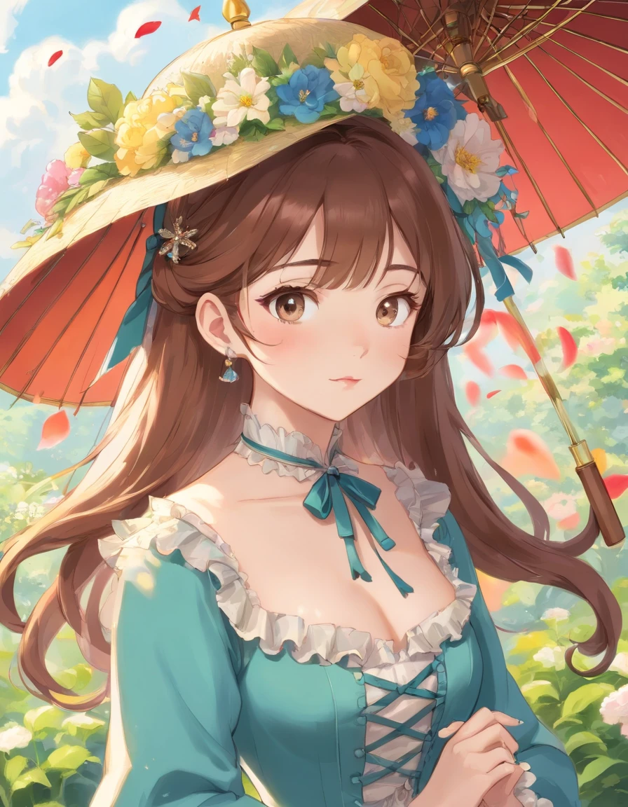 (Masterpiece), (best quality), illustration of Victorian Girl、kawaii girl、aniime、 1. **lo fashion**: Victorian fashion is characterized by dressy and elegant design。Ruffles and laces、corsets、Try incorporating elements such as long dresses。 2. **hairstyle on**: Women's hairstyles in the Victorian era are often complex and delicate。Upstyling and curling、It is also a good idea to add ribbons and floral ornaments to the hair.。 3. **Features**: girl features with soft features、Beautiful、kawaii、intelligent Beatty, Beautiful 5. **accessorized**: Accessories played an important role in the Victorian era。Hats、gloves、umbrellas, etc.、By drawing accessories with attention to detail、You can give your character personality。 Nice dress、florals、Luxurious costumes、PastelColors, (shining brightly), ((dazzling)), (floating a lot of flower petals, ((2d)), ((paper art))、(((glamorous)))、Plump、(((Chubby Mature Woman)))、(((Huge breasts)))、sexy