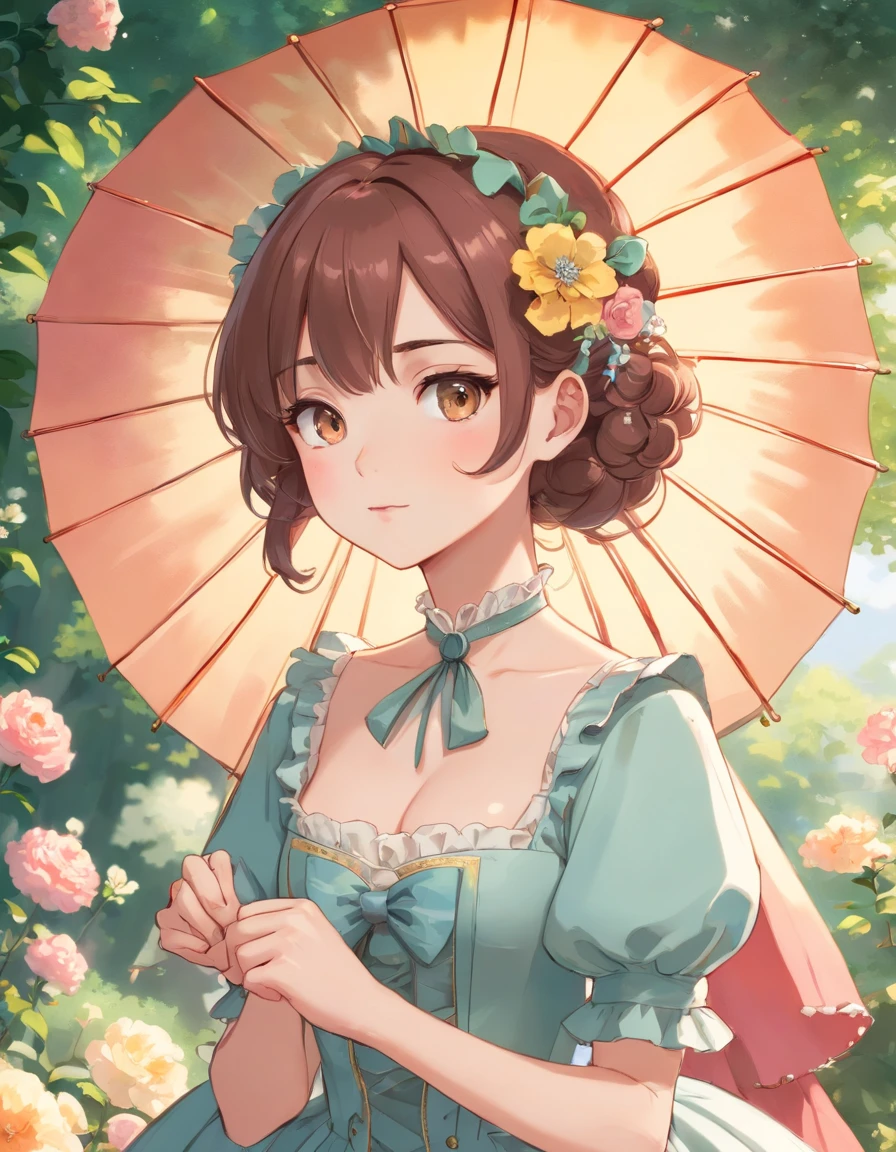 (Masterpiece), (best quality), illustration of Victorian Girl、kawaii girl、aniime、 1. **lo fashion**: Victorian fashion is characterized by dressy and elegant design。Ruffles and laces、corsets、Try incorporating elements such as long dresses。 2. **hairstyle on**: Women's hairstyles in the Victorian era are often complex and delicate。Upstyling and curling、It is also a good idea to add ribbons and floral ornaments to the hair.。 3. **Features**: girl features with soft features、Beautiful、kawaii、intelligent Beatty, Beautiful 5. **accessorized**: Accessories played an important role in the Victorian era。Hats、gloves、umbrellas, etc.、By drawing accessories with attention to detail、You can give your character personality。 Nice dress、florals、Luxurious costumes、PastelColors, (shining brightly), ((dazzling)), (floating a lot of flower petals, ((2d)), ((paper art))、(((glamorous)))、Plump、(((Chubby Mature Woman)))、(((Huge breasts)))、sexy