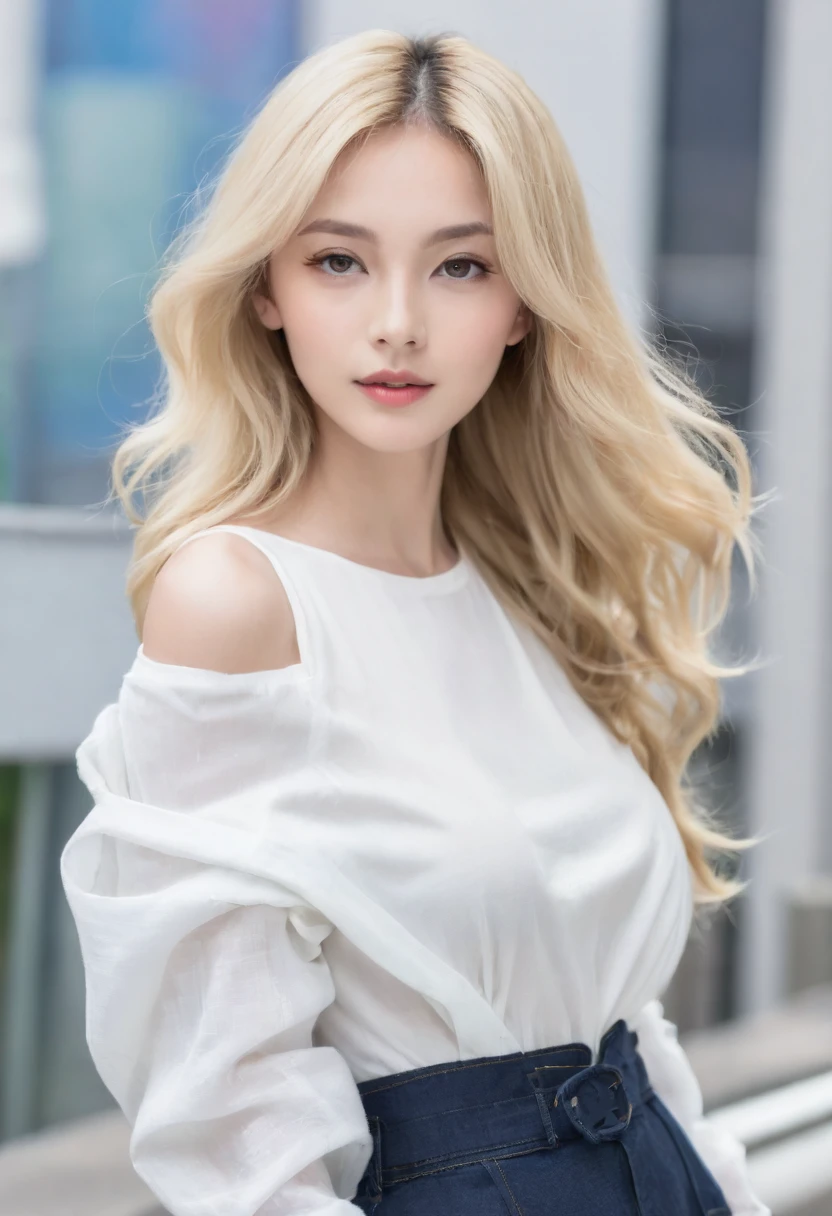 (((European Caucasian Woman)))、(((Mary, 18 years old)))、one person、(Thin contours、Grey Eye:1.5)、(Thin contours)、Big Breasts、Narrow waist、(((White and translucent skin:1.3)))、Beautiful, shiny blonde medium-long hair、8-head-tall model style、Waist-down angle、Tokyo city、