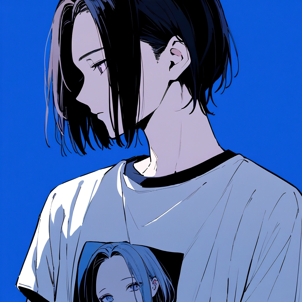 male、Beautifully straight, center parted、male、Medium black hair、profile、profileの待ち受け、黒髪のCenter part that exposes the forehead・profileのイラストアイコン,Black hair center part、Flat painting - Portrait：30代前半のmaleで、Hair should be parted in the center。 ·atmosphere：It has a stylish atmosphere.、Simple fill、With a bright feeling、Center part that exposes the forehead,Blue background、For SNS icons、T-Shirts、Solid blue background