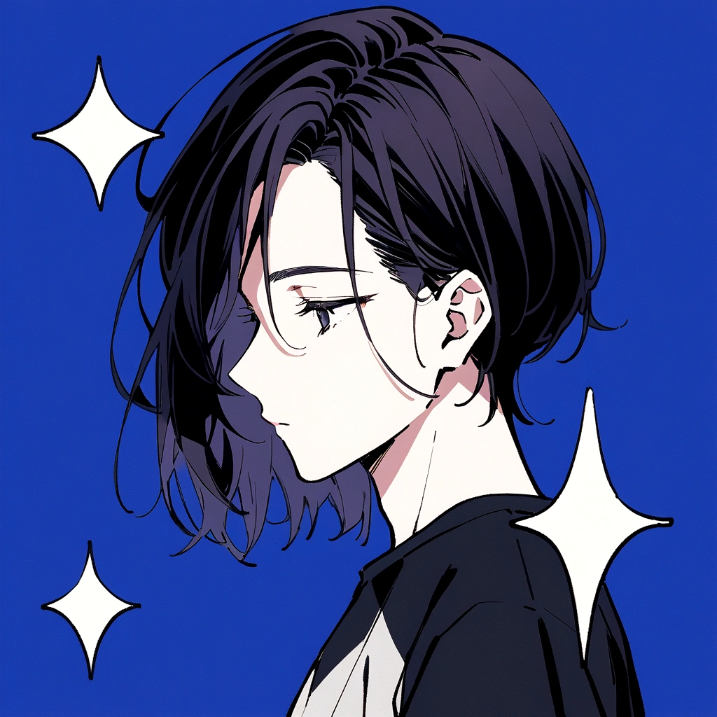 male、Beautifully straight, center parted、male、Medium black hair、profile、profileの待ち受け、黒髪のCenter part that exposes the forehead・profileのイラストアイコン,Black hair center part、Flat painting - Portrait：30代前半のmaleで、Hair should be parted in the center。 ·atmosphere：It has a stylish atmosphere.、Simple fill、With a bright feeling、Center part that exposes the forehead,Blue background、For SNS icons、T-Shirts、Solid blue background