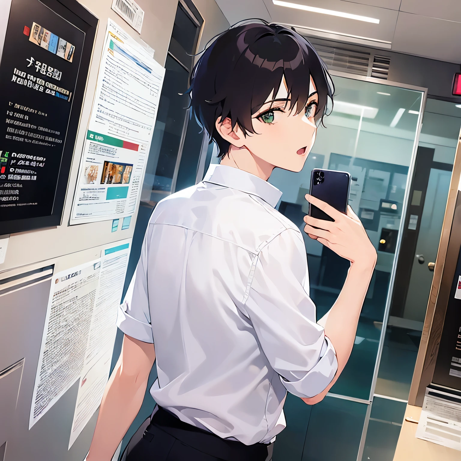  (looking back:1.5)、masterpiece、Highest quality、(25-year-old male:1.5) and (Brown short hair) and (Green Eyes), (Wearing a white shirt:1.3) and (Blue tie)、
blush、The background is the office lobby.、(Alone:1.5),open mouth