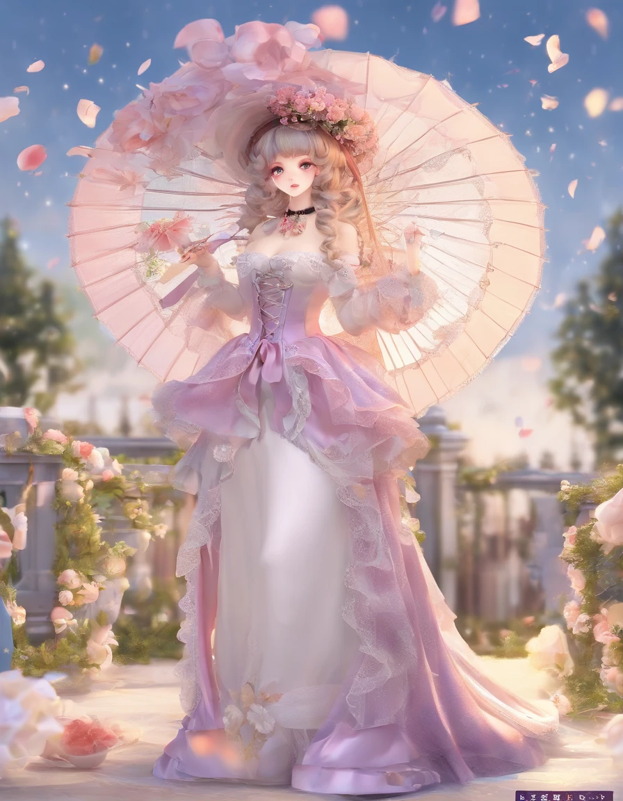 (Masterpiece), (best quality), illustration of Victorian Girl、kawaii girl、aniime、 1. **lo fashion**: Victorian fashion is characterized by dressy and elegant design。Ruffles and laces、corsets、Try incorporating elements such as long dresses。 2. **hairstyle on**: Women's hairstyles in the Victorian era are often complex and delicate。Upstyling and curling、It is also a good idea to add ribbons and floral ornaments to the hair.。 3. **Features**: girl features with soft features、Beautiful、kawaii、intelligent Beatty, Beautiful 5. **accessorized**: Accessories played an important role in the Victorian era。Hats、gloves、umbrellas, etc.、By drawing accessories with attention to detail、You can give your character personality。 Nice dress、florals、Luxurious costumes、PastelColors, (shining brightly), ((dazzling)), (floating a lot of flower petals, ((2d)), ((paper art))、(((glamorous)))、Plump、(((Chubby Mature Woman)))、(((Huge breasts)))、sexy