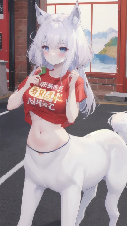 (best quality, masterpiece), 1 girl, centaur, It takes, White skin, Korean  ,Athletic Competition,exposing the abdomen,belly button t-shirt, 아름다운 소녀 perfect wolf photo, perfect wolf photo