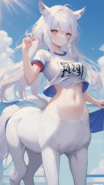 (best quality, masterpiece), 1 girl, centaur, It takes, White skin, Korean  ,Athletic Competition,exposing the abdomen,belly button t-shirt, 아름다운 소녀 perfect wolf photo, perfect wolf photo