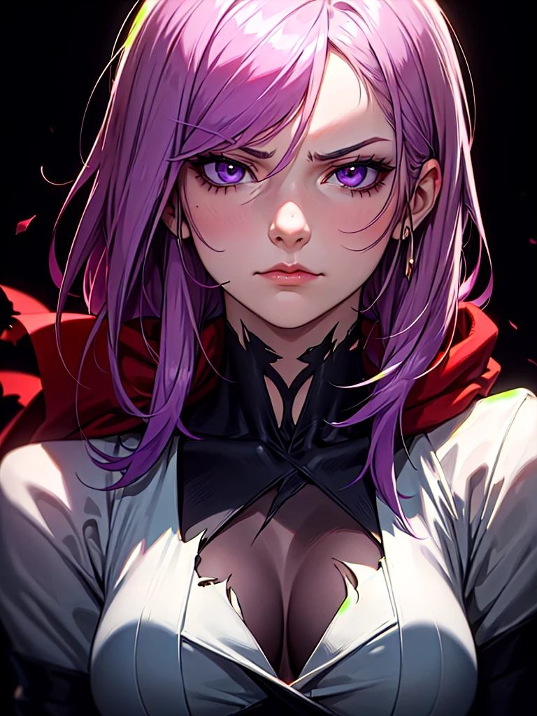 ((Portrait)), She has a Muscular, Lilac-Haired Appearance, with Youthful Charm, Pale Skin, and a Muscular Build. She Expresses a Serious Look, Frowning, Giving Off a Temperamental Attitude. She has Light Purple Eyes, and Her Hair is Short and Straight with Black Ombre, and Strands Falling Around Her Face. She Wears a Torn Black Loose-fitting Blouse with Torn Purple Details, and a Red Scarf. ((Portrait, HDR, Dark Background))