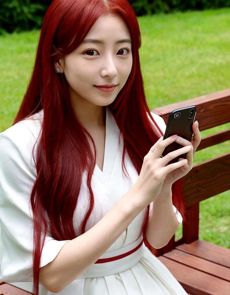 20 year old with long red hair sitting on a bench and holding a mobile phone、woman, Chiho, 🚿🗝📝, Yoshitomo Nara, with cute - fine - face, sakimichan, cute:2, Hime cut, With index finger, aoshima Chiho, TWICE&#39;s Tzuyu