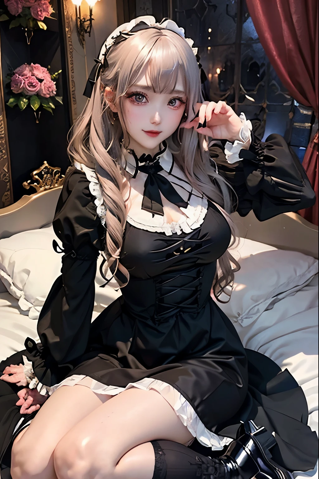 Hard Dark Gothic Makeup、Black dark eyeshadow、sad、Good skin radiance、Dark Gothicメイク、Dark smile、palace、The beauty of fragrance、24-years-old、Expression of intense sexual pleasure、Embarrassed look、Dark Gothic、Highest quality、Expression of sexual pleasure amid suffering、Drunk face、紫のMaid clotheysterious、Noble、sexy、Loving smile、Twin tail hair、Right blue eye, Left eye is red、Super tempting pose、Platform Heel Shoes、Heavy makeup、Gothic Lolita clothes、Silver Hair、Long Hair Straight Hair、Cute Gothic Lolita Dress、Beautiful Face、elegant features、Attractive face、Stained glass is the background、Chest glistening with sweat、The room is dark、goth long dress、Bell Sleeves、Wizard Sleeve、Decadent look、Sexually excited expression、Glossy thighs wet with water、Thighs that are wet and shiny with oil、Background of a room full of roses、sad expression、Rose Maiden、The embroidery is pink、The dress has pink embroidery.、Thigh-high socks、Knee-high socks、Gentle expression、Dark black eyeshadow、Stained glass and rose background、thighs are a little thin、Female Duo、Female couple、dark church background、Stained glass、Black metal world、Dark Castle、Dark Room、Slender body、gothic long dress、Victorian dress、Small breasts、Hold the wine in your right hand、Hold the lantern in your left hand、pantyhose、The bed is covered with roses、Her thighs are shining with sweat、My body is wet and shiny、Lots of glitter on the thighs、sweating、My thighs are sticky from sweating、Sweat glistening on my thighs, The whole body is sweaty and shiny、I sweated a lot.、My thighs are sweaty、My thighs are wet、My thighs are shining with sweat、A lot of sweat glistening all over the body、Slender body、Put your head on the pillow、Sleeping on a bed、Beautiful legs、Stretching legs、Lie down in bed、Lie on your back in bed、
