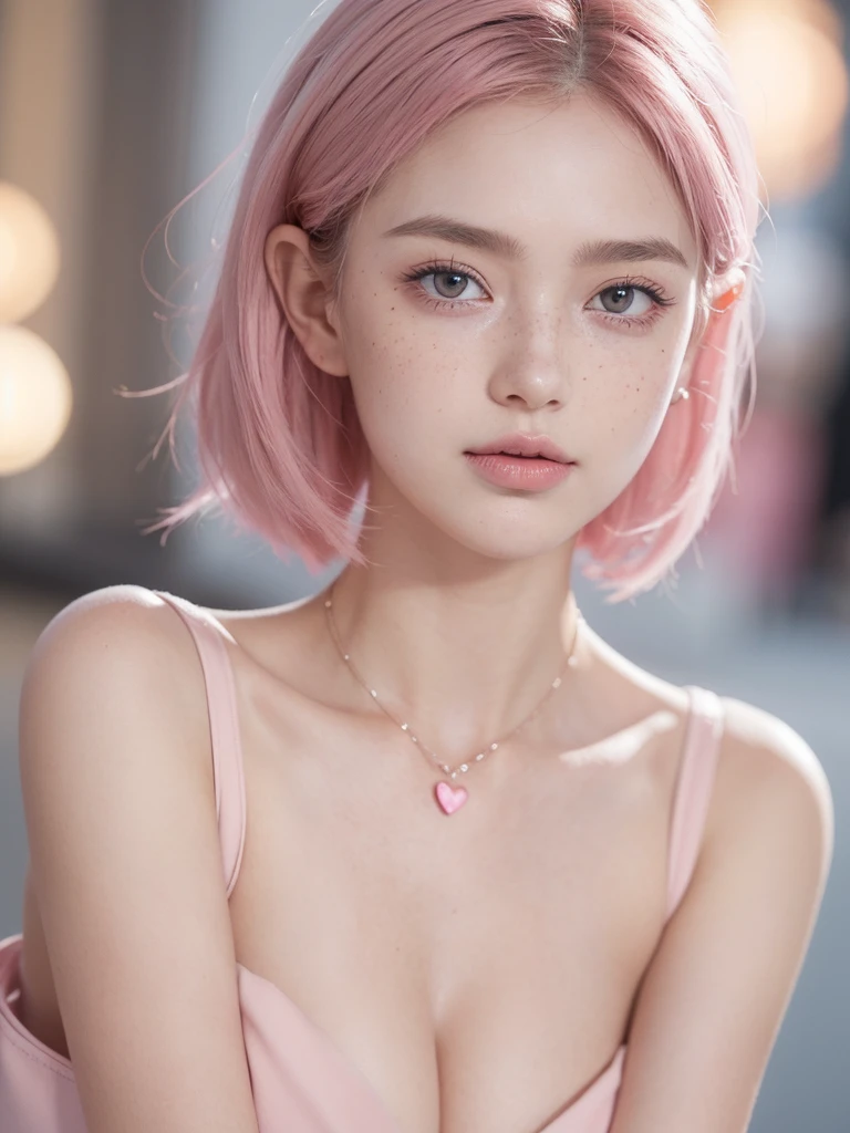 Background City City, camara angle top-side, looking back side, Cute girl short pink hair, 🖤 black Black backless dress,with a purse 👜 on hand ,all her hair short pink , with a star clip in her pink hair, light colored eyes, pretty eyes, crying eyes, pretty, upturned nose, watery nose, Pretty lips, pink lips, heart and cupid shaped lip, pretty skin, pale, White skin, with moles and freckles all over his face, soft pink blush on the cheeks, natural pink blush, soft pink makeup, Jennie, nice neck, marked collar, frown, tender look, with a kiss necklace, while having a bare abdomen, Delgado, marked and pretty, (big breasts, soft breasts, nice breasts), , night look, city light, photorealism, 8k , photorealistic
