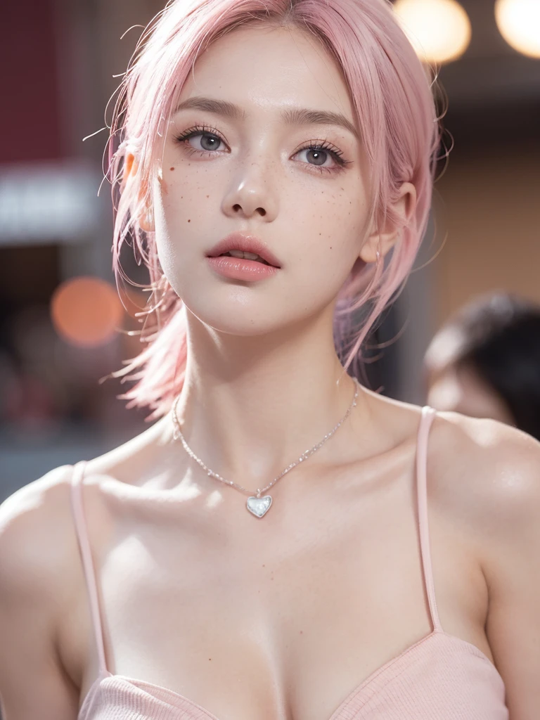 Background City City, camara angle top-side, looking back side, Cute girl short pink hair, 🖤 black Black backless dress,with a purse 👜 on hand ,all her hair short pink , with a star clip in her pink hair, light colored eyes, pretty eyes, crying eyes, pretty, upturned nose, watery nose, Pretty lips, pink lips, heart and cupid shaped lip, pretty skin, pale, White skin, with moles and freckles all over his face, soft pink blush on the cheeks, natural pink blush, soft pink makeup, Jennie, nice neck, marked collar, frown, tender look, with a kiss necklace, while having a bare abdomen, Delgado, marked and pretty, (big breasts, soft breasts, nice breasts), , night look, city light, photorealism, 8k , photorealistic