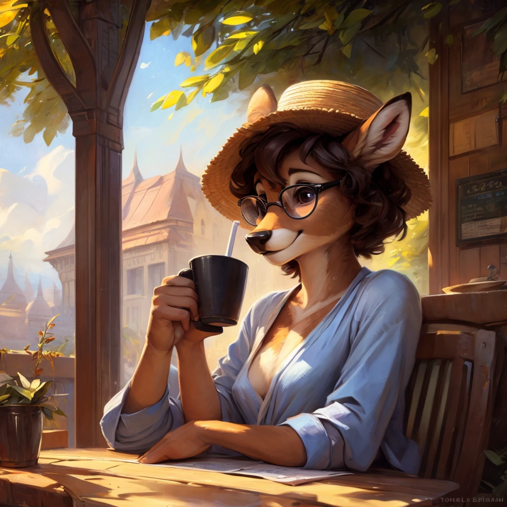 uploaded on e621, by Pixelsketcher, by Bayard Wu, by Thomas Benjamin Kennington , by Einshelm, by hioshiru and kenket, Chunie, portrait, solo anthro female deer doe, tiny featureless breasts, tiny breasts, clear dark blue, cinematic lighting, day, sunny day, sitting outside at a café, café background, french background, old french background, shiny, short curly dark brown hair, short hair, wears big black nerd glasses, very very beautiful furry art, furry art, thoughtful, shiny, feminine, cute face, muzzle, fluffy chest, flawless face, Fallow deer, 1girl, Sakimichan is beautiful, Masterpiece, Wavethesallow Face, shiny, Detailed image, portrait, Detailed image, portrait, wears pure white wide, big blouse, wears beige summer straw hat, shiny, realistic face, perfect anatomy, hourglass body, anthropomorphic deer, happy, very happy, small ears, huge black nerd glasses, wide happy eyes, look at viewer, smiles, big smile, holds big cup of coffee, hourglass body, (furry body:1.1), anthropomorphic deer, small fluffy tail, detailed background, (cute anatomy:1.1), looks into the distance
