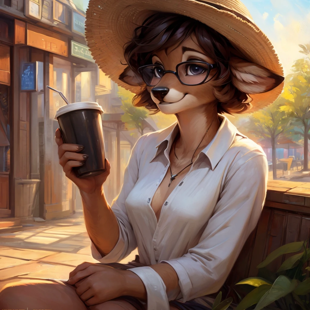 uploaded on e621, by Pixelsketcher, by Bayard Wu, by Thomas Benjamin Kennington , by Einshelm, by hioshiru and kenket, Chunie, portrait, solo anthro female deer doe, tiny featureless breasts, tiny breasts, clear dark blue, cinematic lighting, day, sunny day, sitting outside at a café, café background, french background, old french background, shiny, short curly dark brown hair, short hair, wears big black nerd glasses, very very beautiful furry art, furry art, thoughtful, shiny, feminine, cute face, muzzle, fluffy chest, flawless face, Fallow deer, 1girl, Sakimichan is beautiful, Masterpiece, Wavethesallow Face, shiny, Detailed image, portrait, Detailed image, portrait, wears pure white wide, big blouse, wears beige summer straw hat, shiny, realistic face, perfect anatomy, hourglass body, anthropomorphic deer, happy, very happy, small ears, huge black nerd glasses, wide happy eyes, look at viewer, smiles, big smile, holds big cup of coffee, hourglass body, (furry body:1.1), anthropomorphic deer, small fluffy tail, detailed background, (cute anatomy:1.1), looks into the distance