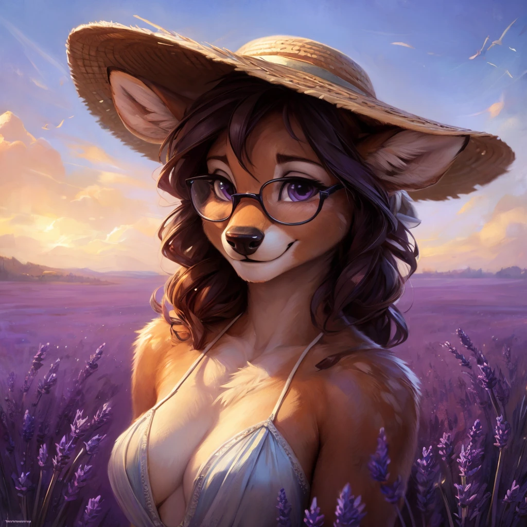 uploaded on e621, by Pixelsketcher, by Bayard Wu, by Thomas Benjamin Kennington , by Einshelm, by hioshiru and kenket, Chunie, portrait, solo anthro female deer doe, with small featureless breasts, clear dark blue, cinematic lighting, day, sunny day, lavender field, stays in a lavender field, lavender field background, mediterranean background, horizon background, shiny, short curly dark brown hair, wears big black nerd glasses, very very beautiful furry art, furry art, smiling, joyful, shiny, happy, feminine, cute face, muzzle, fluffy chest, flawless face, Fallow deer, 1girl, Sakimichan is beautiful, Masterpiece, Wavethesallow Face, shiny, Detailed image, portrait, Detailed image, portrait, full body, wearing pure white and wide spaghetti straps dress, wearing big and wide beige summer straw hat, shiny, realistic face, perfect anatomy, hourglass body, (furry body:1.1), anthropomorphic deer, looks at the viewer, small fluffy tail, detailed background, (cute anatomy:1.1), stands in a lavender field