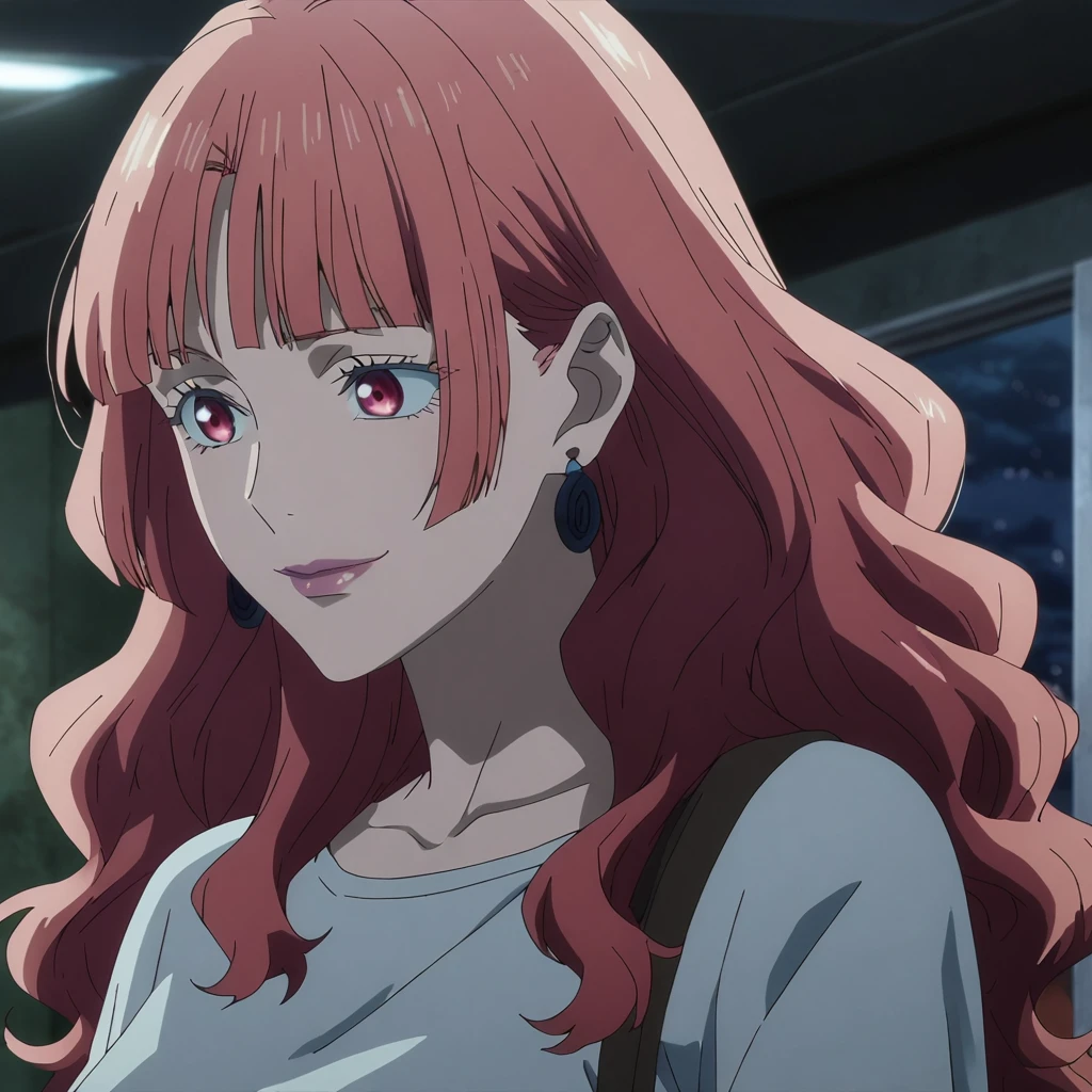 1girl, female gojo satoru, anime screencap from jujutsu kaisen, gojo satoru female version, solo, long_hair, blue eyes ((Red_hair, wavy hair)), night view, (hanging breasts) upper_body, smile, indoors, Red_eyes, lips, (slightly wavy hair) (wearing round sunglasses) ((wearing casual outfit)) breast, "very detailed and high resolution" (Red eyes) ((shoulder length wavy hair)) ((solo)) (front view) (earings) ((high resolution)) ((good quality)) ((bangs)) (wearing round sunglasses)