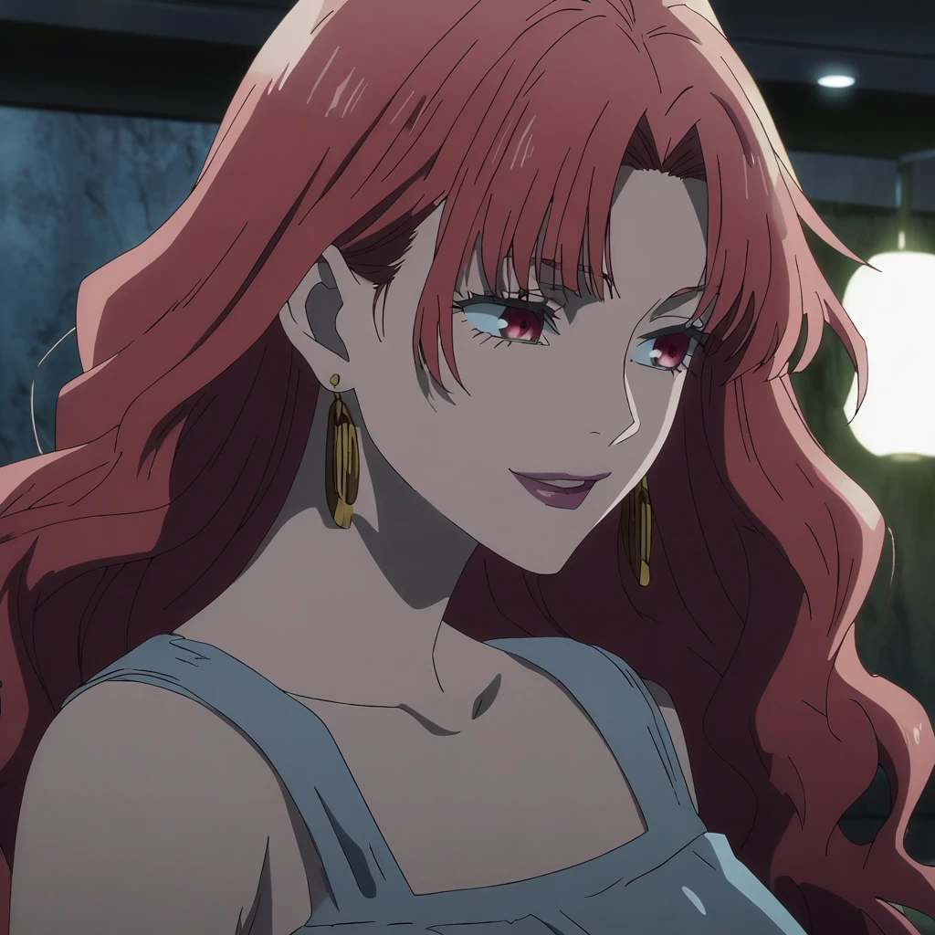 1girl, female gojo satoru, anime screencap from jujutsu kaisen, gojo satoru female version, solo, long_hair, ((Blue eyes)) ((Red_hair, hair over ear from one side))((slicked hair)) , night view, (hanging breasts) upper_body, smile, indoors, parted lips, (long hair) ((wearing black colour outfit, glossy)) breast, "very detailed and high resolution" (Blue eyes) ((solo)) (((front view))) (earings) ((high resolution)) ((good quality)) ((silky hair, hair over ear from one side))((hair slicked)) ((parted lips)) ((one hand on chin))