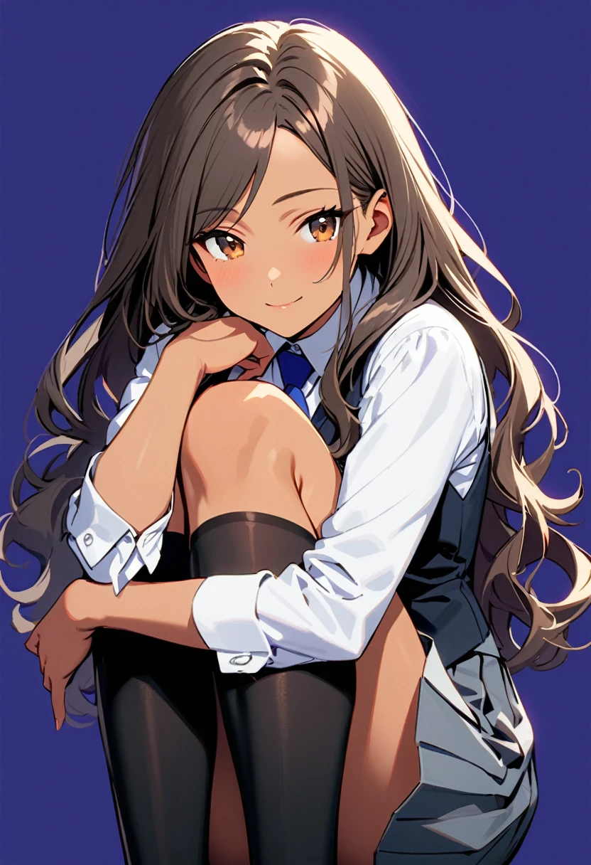 a woman, 19-years-old, solo, mature face, average height, tan skin, (long black wavy hair that's parted in the middle:1.2), no bangs, brown eyes, warm smile, black waistcoat, white formal shirt, gray pleated skirt, blue necktie, black tights, (sitting with knees up, hugging knees, head resting on knees, bright indigo background:1.1)