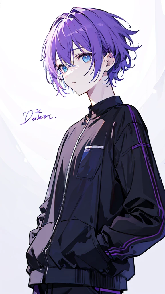 ((Highest quality)), ((masterpiece)), ((1 person)),Perfect Face、male、Purple hair color、Light blue eyes、Very short hair、vocal、pale colour、whole body、Black Shirt、Put your hands in your pockets