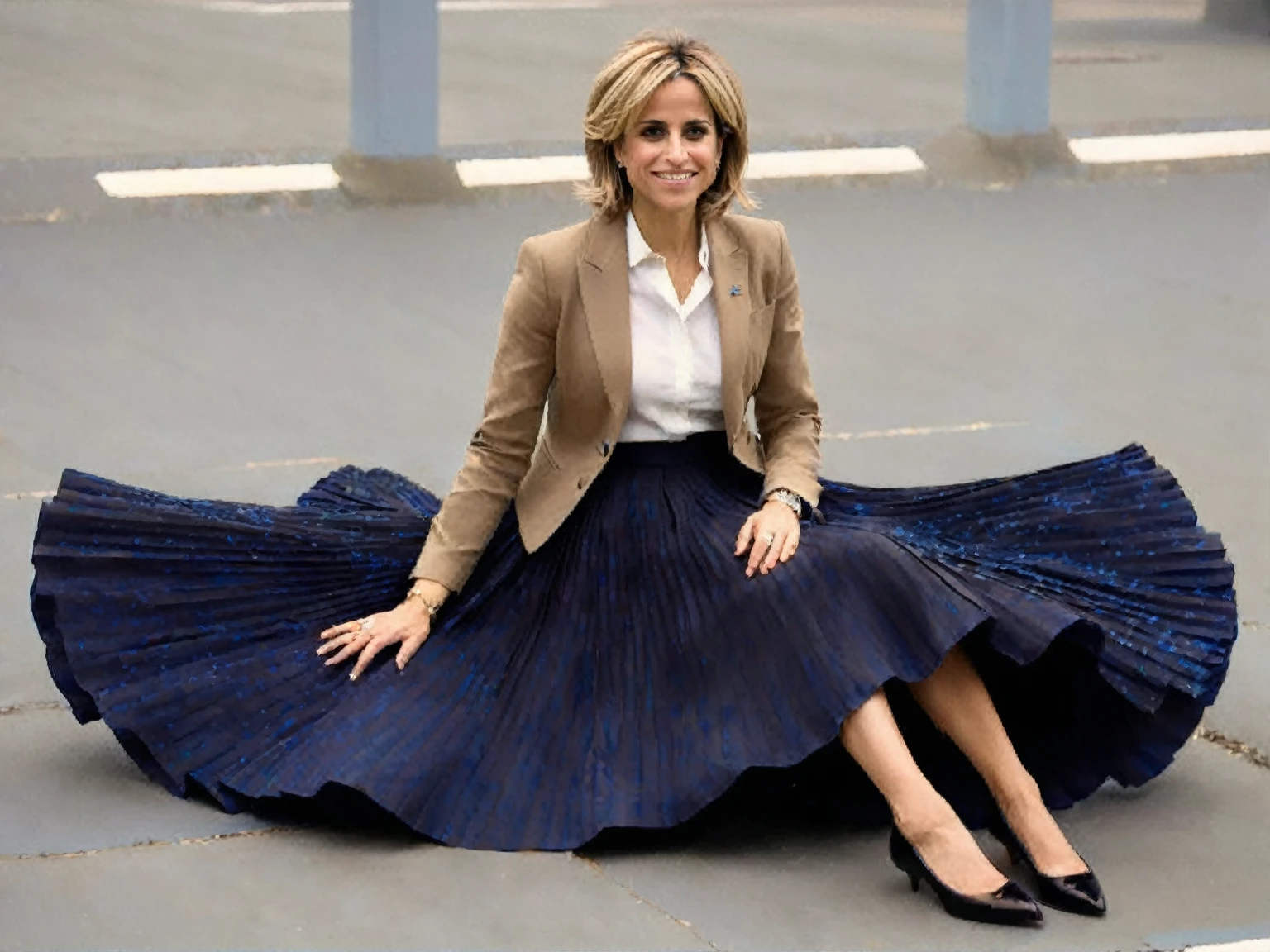 Insatiable Skirt lover and kind, shy woman Emily Maitlis has Intense Orgasming love for her skirt, sitting and wearing (long pleated full circle skirt), uniform jacket and strapless low pump office shoes, (pronounced (feminine) features), (very windy), skirt is flowing wildly in the wind, inside a spaceship travelling through deep space, very, very intricate hyper-detailed symmetric (attractive graceful young feminine face) with (sad, tired eyes and a loving smile), very voluptuous breasts, full of empathy and compassion and love, (pronounced (feminine) features), (highly detailed ultra accurate realistic) hands and fingers, (windy), epic composition, highly detailed attributes, (35mm f1.4 Kodak portra 400 photograph), extremely high quality RAW photograph, highly detailed atmosphere, sci-fi, cinematic shot, dynamic lighting, 75mm, Technicolor, Panavision, cinemascope, sharp focus, fine details, 8k, HDR, realism, realistic, key visual, film still, superb cinematic color grading, depth of field