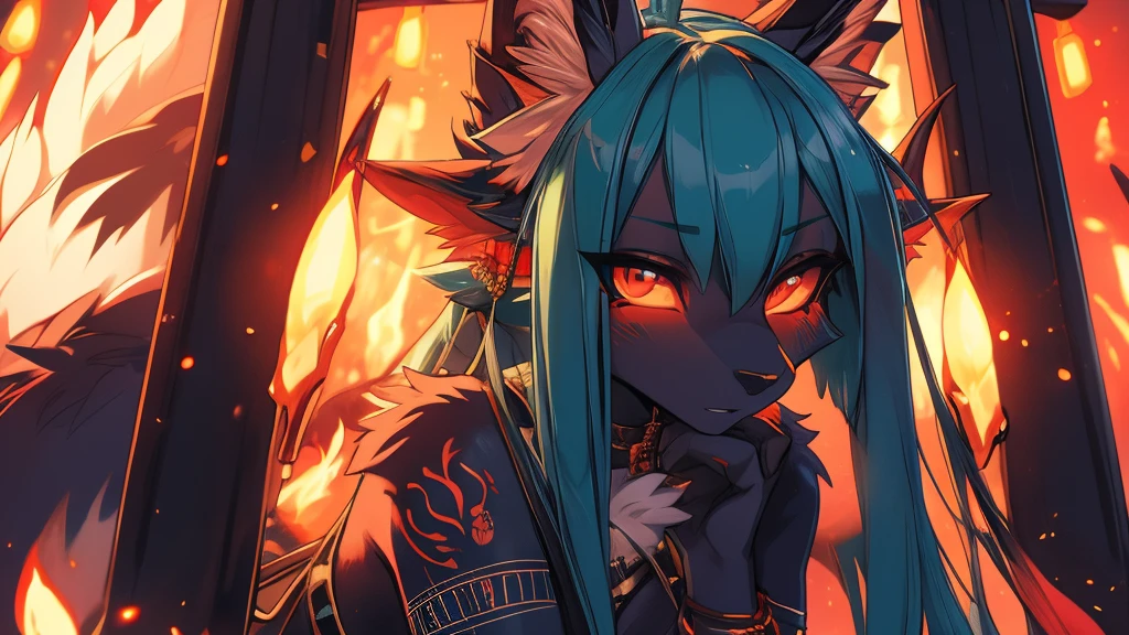 Miku Hatsune, add high definition_detail:1, blue fur,kitsune ears, tribal tattoo add_detail:1, in hell add_detail, batwigns add_detail Fer yokai kitsune add_detail:1