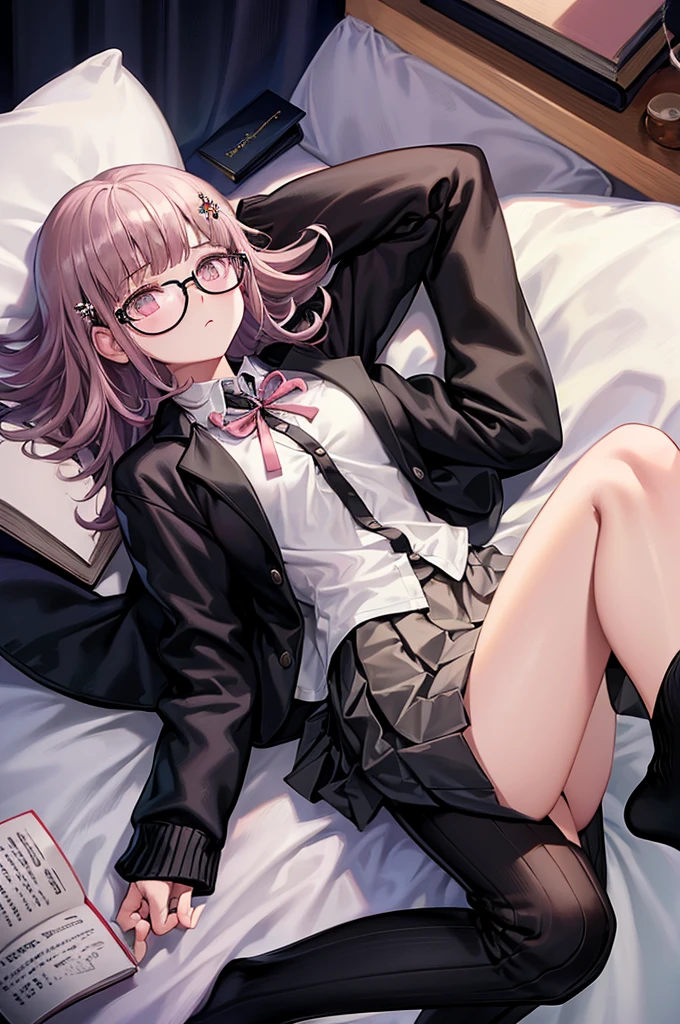 black jacket, open clothes, long sleeves, white skirt, pleated skirt, books lying around, expressionless, bedroom, cream hair, tall, tights, slim, glasses, hair ornament, pink ribbon, looking at viewer, medium hair, lying on back, arms up, on bed