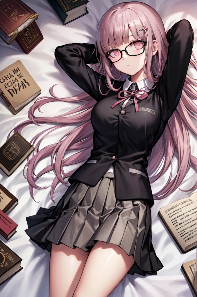 black jacket, open clothes, long sleeves, white skirt, pleated skirt, books lying around, expressionless, bedroom, cream hair, tall, tights, slim, glasses, hair ornament, pink ribbon, looking at viewer, medium hair, lying on back, arms up, on bed