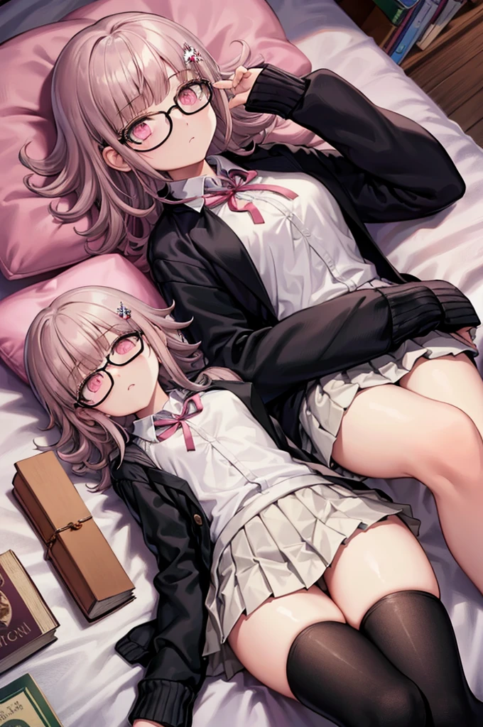 black jacket, open clothes, long sleeves, white skirt, pleated skirt, books lying around, expressionless, bedroom, cream hair, tall, tights, slim, glasses, hair ornament, pink ribbon, looking at viewer, medium hair, lying on back, arms up, on bed