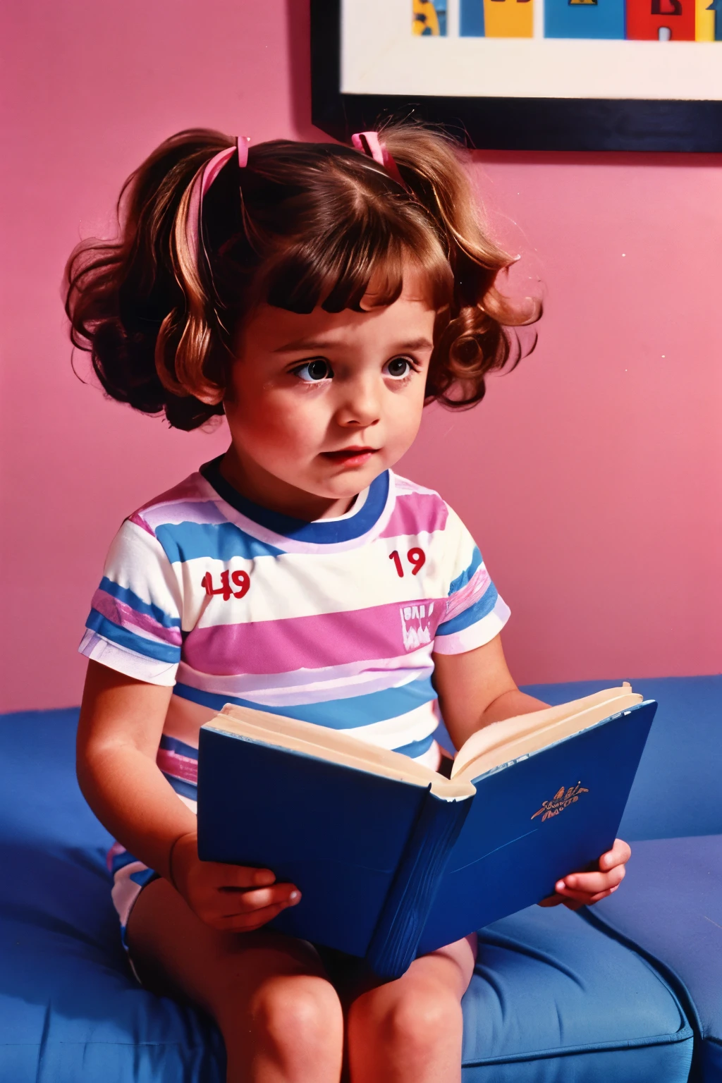 England, 1988. A little ((((4-year-old)) Matilda Wormwood)), reading a book, ((((clothings from the 1980s)))), ((hairstyle of the 1980s))