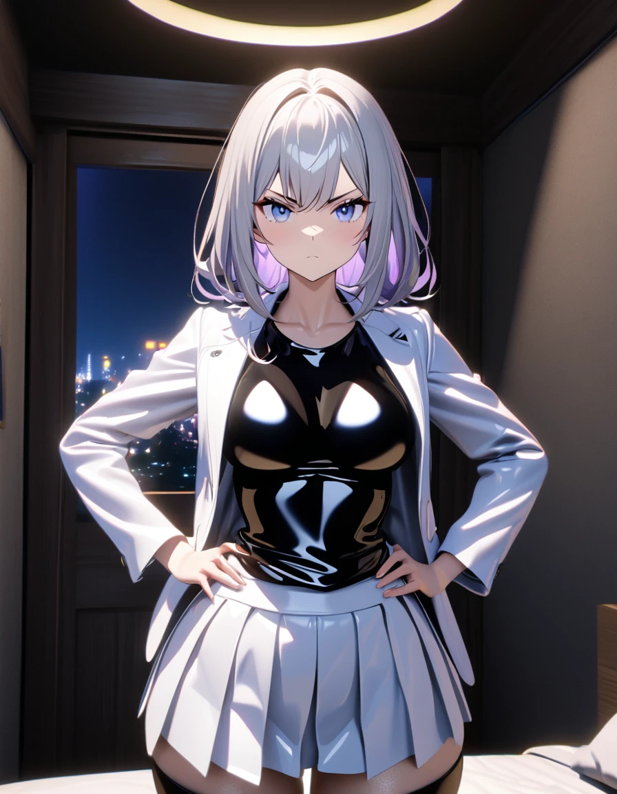 1 girl, ((Girl is curvy and slim, attractive and tall)), ((Girl has long silver hair)), ((purple and blue eyes)), ((Girl wears a black latex shirt, white jacket, short white pleated skirt, black stocking)), ((Girl is in the bedroom)), ((Girl is looking at viewer, serious, hands on hips)), 8k, ray tracing, night, zooming out