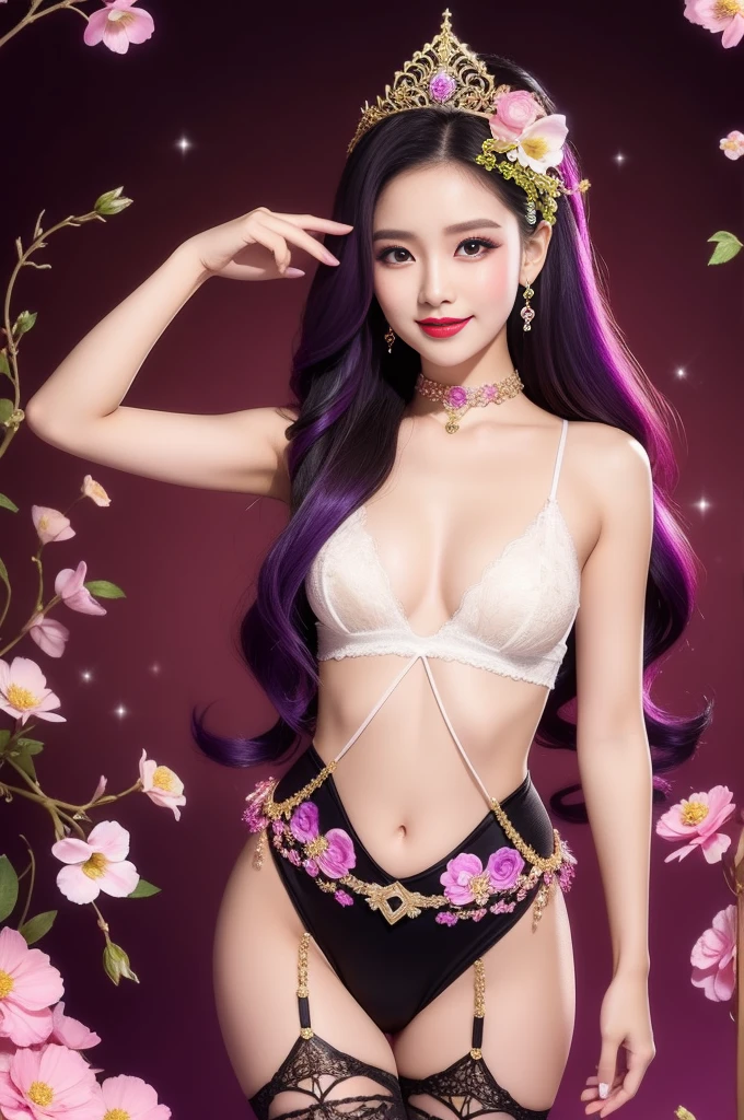 sexy Thai model who controls poison、beautiful smile、lip-gloss、bold lipstick、intense makeup、look at the camera、full body Esbian、、sparkling poisoned flower costume、、、、sparkling Colorful hair、secrete poison、skull hair accessories、sexy tights、shiny sparkling flowers background