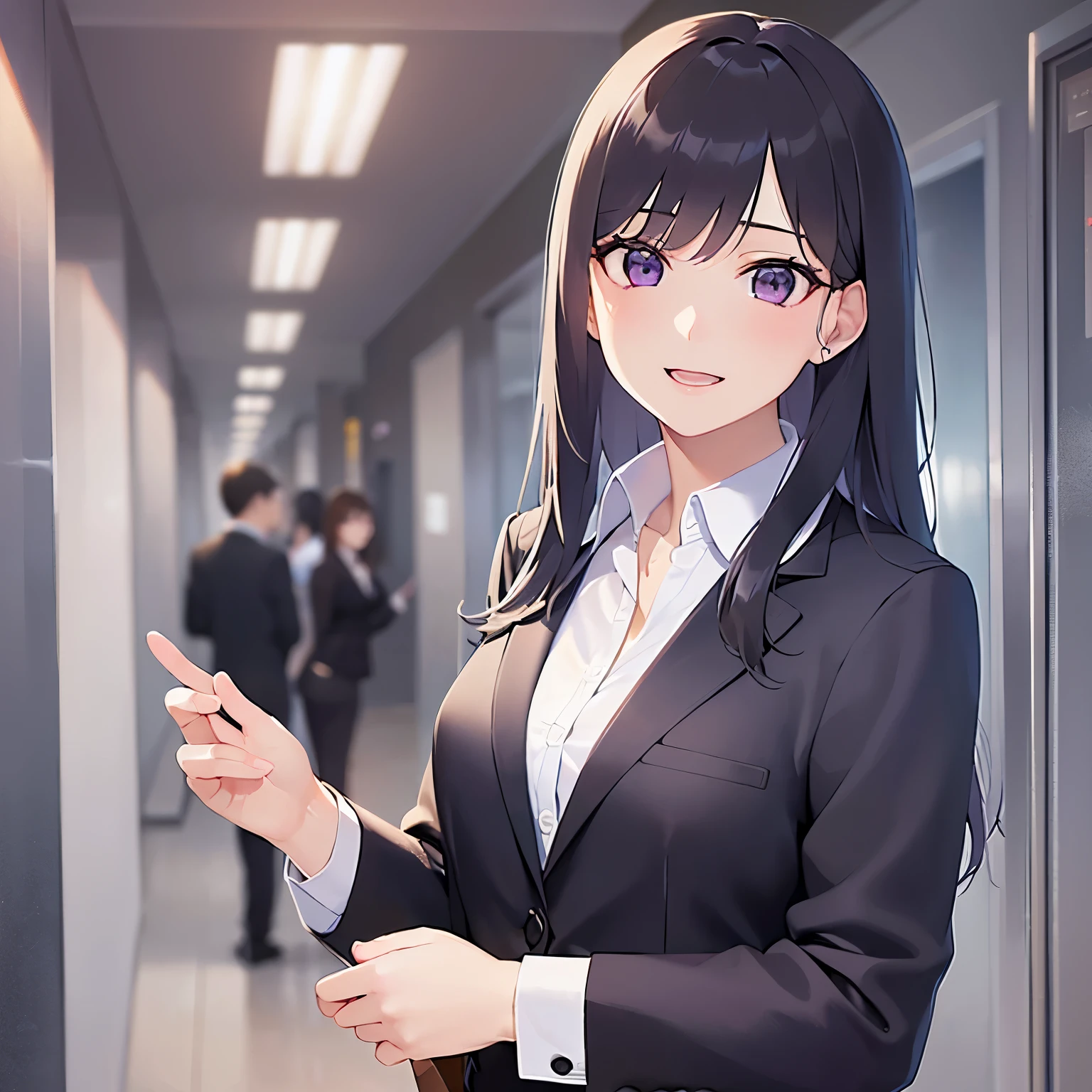 clenched hand、Realistic, real person, (pale skin: 1.2), RAW photo, photorealistic, shiny skin, shiny hair、(A 25-year-old woman with straight hair and bangs) and (medium hair) and (black hair) and (purple eyes) , (business suit:1.5) and (white collared shirt)、(smile:1.2), open mouth, The background is a company corridor、Alone、