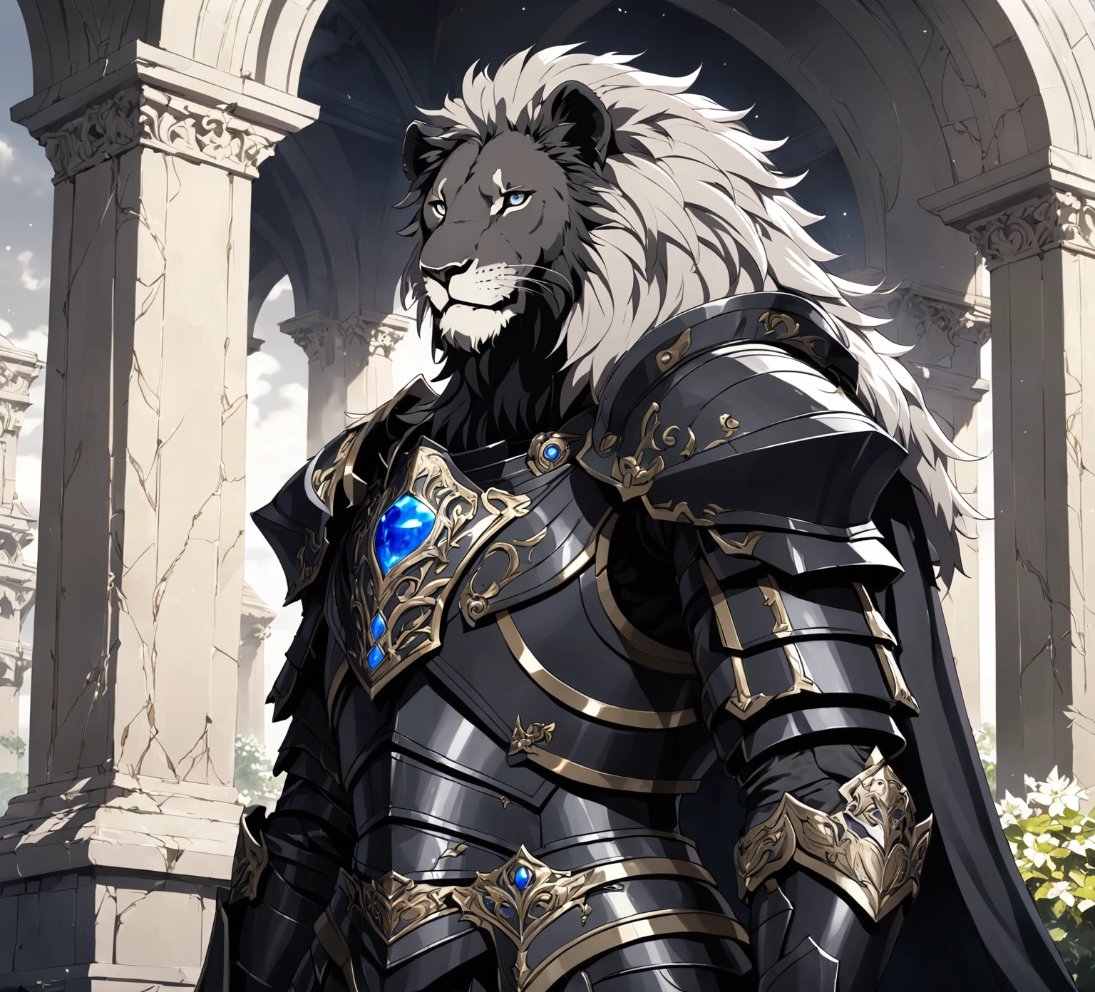 masterpiece, best quality, good quality, humanoid gray lion, Furry, a gray lush mane, scar on right eye, black armor, Combat armor, A lot of growth, black fur cape, Fantasy aesthetics, Highly detailed, shadowverse style
