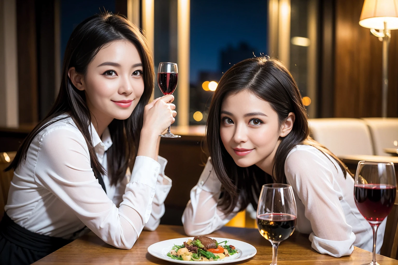 ((Highest quality、8K、masterpiece:1.3))、slimカップル、modelカップル、(Realistic, Intricate details:1.2), full-course dinner、Wine Party、Amazing view of the sunset sky and clouds、A bright smile、The wonderfulness of smile、Bright image、The beauty of wine, Beautiful Face, blue eyes, The light shines on your face, Blushing, short hair,Bright Face、 (Age 37), Age 34, red wine 、Appetizers、Italian food、Wine bottle、Champagne、sparkling wine、Two beauties、Brown Hair、Shortcuts、Long sleeve shirt、dress、Beautiful woman 1, (slimな顔), (The body is slim), (Brown Hair), (Shortcuts), cheeks turn a little red,Attractive beauty、restaurant, In a prominent place (From the waist up) Nova Frog Style, actress, model, Upper Body, White wine, slim, wine glass, 中央に置かれたwine glass, smile, (smile: 1.15), Beautiful fine grain, Depth f/2,saturation, High Contrast, Strong light and shadow,Moist Body:1.5、3D texture、Delicate eyes、Brown Hair、The hair is very shiny、