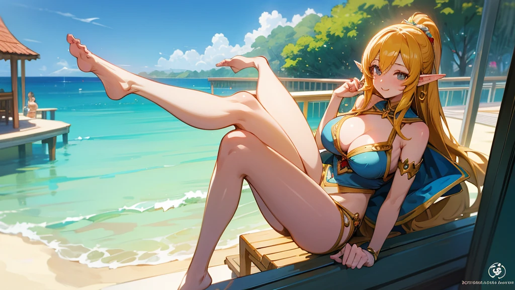 Anime Style,Swimwear,A distant view detailed in detail,Magical World,A lively balcony with many people,Smiling bard beautiful elf girl,Big cleavage,Healthy thighs,Underarm,Barefoot