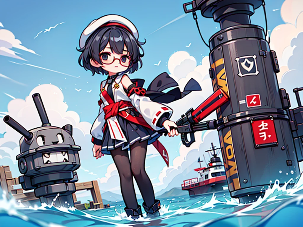 (((masterpiece, Vision))), ((((Full body of a woman with perfect flat chest、1 Female、solo、Short unkempt black hair、Tie your messy hair at the nape of your neck、white military jacket、Miko costume、black tights、Black glasses、White military cap、Cloudy black eyes、Confused eyes、Junyo-inspired emblem)))), (((Shipgirl))), ((Floating on the morning sea with both feet)), (Standing with your legs apart)), Aim, (Hold the shotgun turret grip with your right hand), (Equipped with a large caliber turret with a mechanical arm extending from the waist), (Equipped with a bridge on the back), (His left arm holds the grip of a triple machine gun), Shotgun shell in left arm, Bullet belt on thigh, Spreading the Machine's Wings, 2. Machine Tail, Naval base in the background,