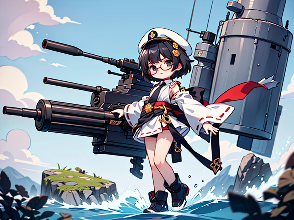 (((masterpiece, Vision))), ((((Full body of a woman with perfect flat chest、1 Female、solo、Short unkempt black hair、Tie your messy hair at the nape of your neck、white military jacket、Miko costume、black tights、Black glasses、White military cap、Cloudy black eyes、Confused eyes、Junyo-inspired emblem)))), (((Shipgirl))), ((Floating on the morning sea with both feet)), (Standing with your legs apart)), Aim, (Hold the shotgun turret grip with your right hand), (Equipped with a large caliber turret with a mechanical arm extending from the waist), (Equipped with a bridge on the back), (His left arm holds the grip of a triple machine gun), Shotgun shell in left arm, Bullet belt on thigh, Spreading the Machine's Wings, 2. Machine Tail, Naval base in the background,