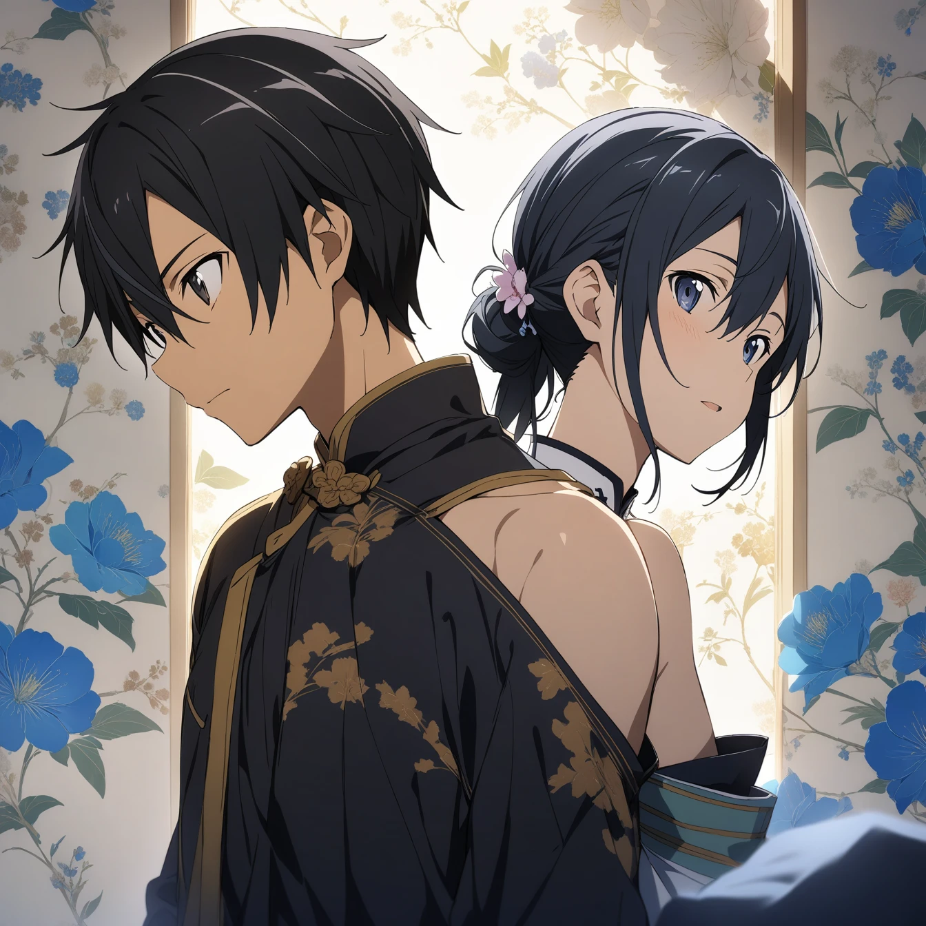 masterpiece,best quality,1 boy, male focus, kirito, Sword Art Online, Sword Art Online,very beautiful,Chinese style,Guild clothing,Oriental wallpaper,flower,blue tint,Natural light,soft light,White background,shadow,black hair,The character is in the middle of the picture,Half body,Off the shoulders