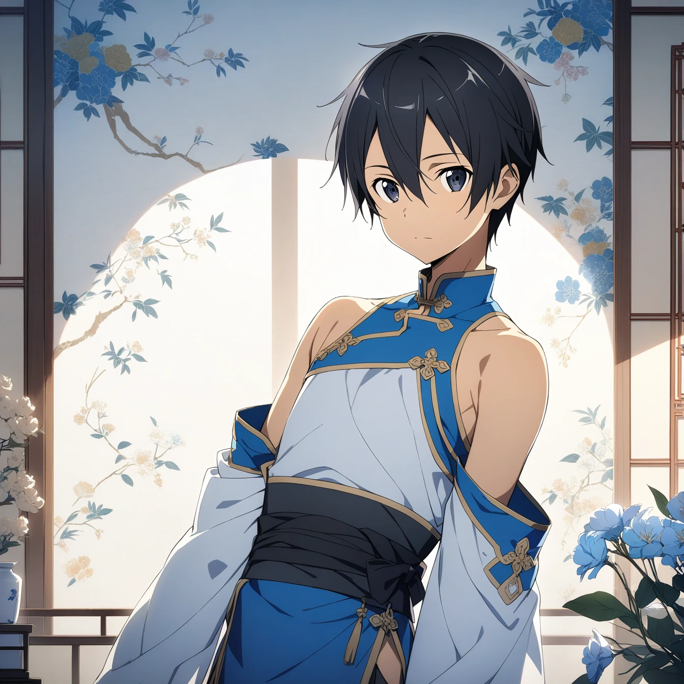 masterpiece,best quality,1 boy, male focus, kirito, Sword Art Online, Sword Art Online,very beautiful,Chinese style,Guild clothing,Oriental wallpaper,flower,blue tint,Natural light,soft light,White background,shadow,black hair,The character is in the middle of the picture,Half body,Off the shoulders