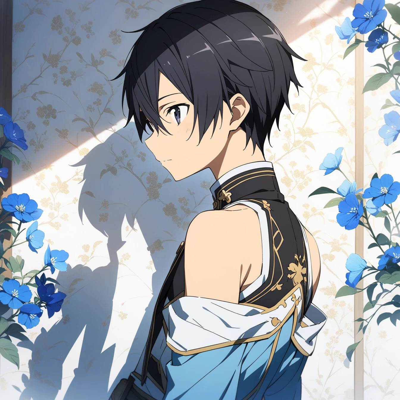 masterpiece,best quality,1 boy, male focus, kirito, Sword Art Online, Sword Art Online,very beautiful,Chinese style,Guild clothing,Oriental wallpaper,flower,blue tint,Natural light,soft light，White background，shadow,black hair,The character is in the middle of the picture，Half body，Off the shoulders