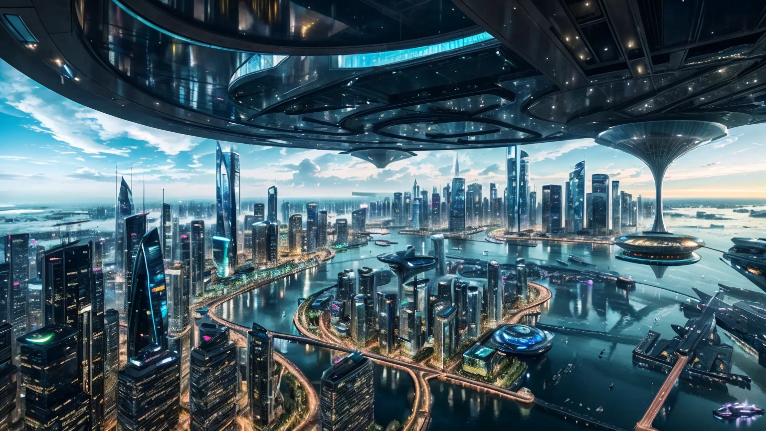 (Best quality,4K,8K,A high resolution,Masterpiece:1.2),Ultra-detailed,(Realistic,Photorealistic,photo-realistic:1.37),Futuristic floating city,Futuristic technology,Huge urban high-tech tablet platform,Airship,Floating in the sky,Futuristic city,Small airships around,High-tech hemispherical platform,Colorful lights,Advanced architecture,modernn architecture,skyscrapper,Access the cloud,Scenic beauty,view over city,Impressive design,Blend seamlessly with nature,energetic and vibrant atmosphere,Futuristic transportation system,Parking is suspended,Transparent path,Lush greenery,Sky gardens,cascading waterfalls,Magnificent skyline,reflections on the water,Sparkling river,Architectural innovation,futuristic skyscrapers,Transparent dome,The shape of the building is unusual,Elevated walkway,Impressive skyline,Glowing lights,Futuristic technology,Minimalist design,Scenic spots,Panoramic view,Cloud Piercing Tower,Vibrant colors,epic sunrise,epic sunset,Dazzling light display,magical ambiance,The future city,Urban Utopia,LuxuryLifestyle,Innovative energy,sustainable development,Smart city technology,Advanced infrastructure,Tranquil atmosphere,Nature and technology live in harmony,Awesome cityscape,Unprecedented urban planning,Architecture connects seamlessly with nature,High-tech metropolis,A cutting-edge engineering marvel,The future of urban living,Visionary architectural concept,Energy-efficient buildings,Harmony with the environment,A city floating above the clouds,Utopian dreams become reality,The possibilities are endless,State-of-the-art transportation network,Green energy integration,Innovative materials,Impressive holographic display,Advanced communication system,Breathtaking aerial view,Quiet and peaceful environment,Modernist aesthetics,Ethereal beauty