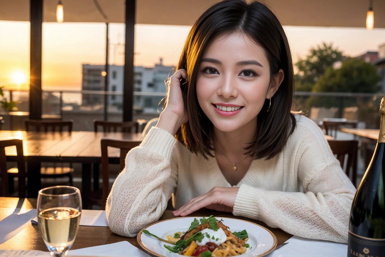 ((Highest quality、8K、masterpiece:1.3))、slimカップル、modelカップル、(Realistic, Intricate details:1.2), full-course dinner、Wine Party、Amazing view of the sunset sky and clouds、A bright smile、The wonderfulness of smile、Bright image、The beauty of wine, Beautiful Face, blue eyes, The light shines on your face, Blushing, short hair,Bright Face、 (Age 31), Age 34, red wine 、Appetizers、Italian food、Wine bottle、Champagne、sparkling wine、Two beauties、Brown Hair、Shortcuts、Long sleeve shirt、dress、Beautiful woman 1, (slimな顔), (The body is slim), (Brown Hair), (Shortcuts), cheeks turn a little red,Attractive beauty、restaurant, In a prominent place (From the waist up) Nova Frog Style, actress, model, Upper Body, White wine, slim, wine glass, 中央に置かれたwine glass, smile, (smile: 1.15), Beautiful fine grain, Depth f/2,saturation, High Contrast, Strong light and shadow,Moist Body:1.5、3D texture、Delicate eyes、Brown Hair、The hair is very shiny、