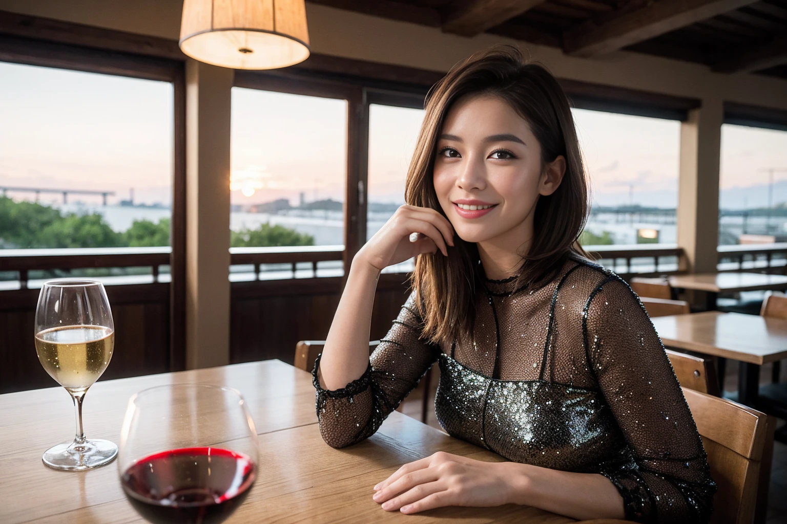 ((Highest quality、8K、masterpiece:1.3))、slimカップル、modelカップル、(Realistic, Intricate details:1.2), full-course dinner、Wine Party、Amazing view of the sunset sky and clouds、A bright smile、The wonderfulness of smile、Bright image、The beauty of wine, Beautiful Face, blue eyes, The light shines on your face, Blushing, short hair,Bright Face、 (Age 31), Age 34, red wine 、Appetizers、Italian food、Wine bottle、Champagne、sparkling wine、Two beauties、Brown Hair、Shortcuts、Long sleeve shirt、dress、Beautiful woman 1, (slimな顔), (The body is slim), (Brown Hair), (Shortcuts), cheeks turn a little red,Attractive beauty、restaurant, In a prominent place (From the waist up) Nova Frog Style, actress, model, Upper Body, White wine, slim, wine glass, 中央に置かれたwine glass, smile, (smile: 1.15), Beautiful fine grain, Depth f/2,saturation, High Contrast, Strong light and shadow,Moist Body:1.5、3D texture、Delicate eyes、Brown Hair、The hair is very shiny、