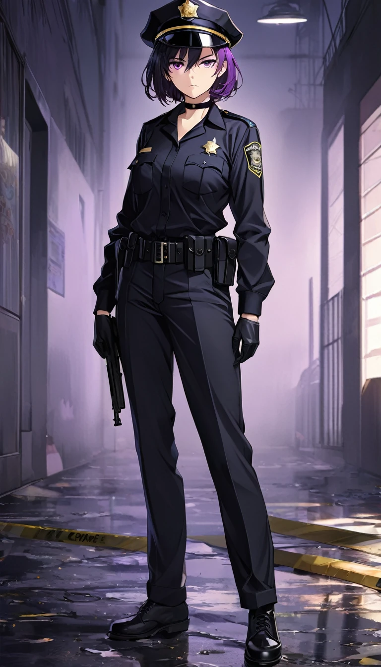 High-resolution anime digital art, Masterpiece, upper body, tomboy, mature, sexy, smart, short hair color pitch black, real detail eyes pupil purple, Wear Black Cops Uniforms, black chokers, Serious face, Crime Scene, Full Body, Alone.