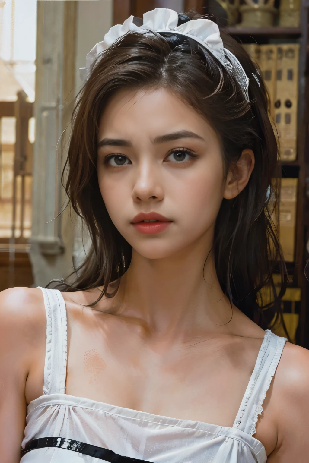 Beautiful girl in a semi-transparent maid outfit、Very beautiful girl、Elegant maid、Exquisite facial features、beautiful eyes、Long eyelashes、Small nose、thick lips、White skin、Flowing long hair、Beautiful posture、light、Soft colors、Elegant and calm、(best quality、4K、8K、high resolution、masterpiece:1.2)、Very detailed、(real、Reality、Reality:1.37)