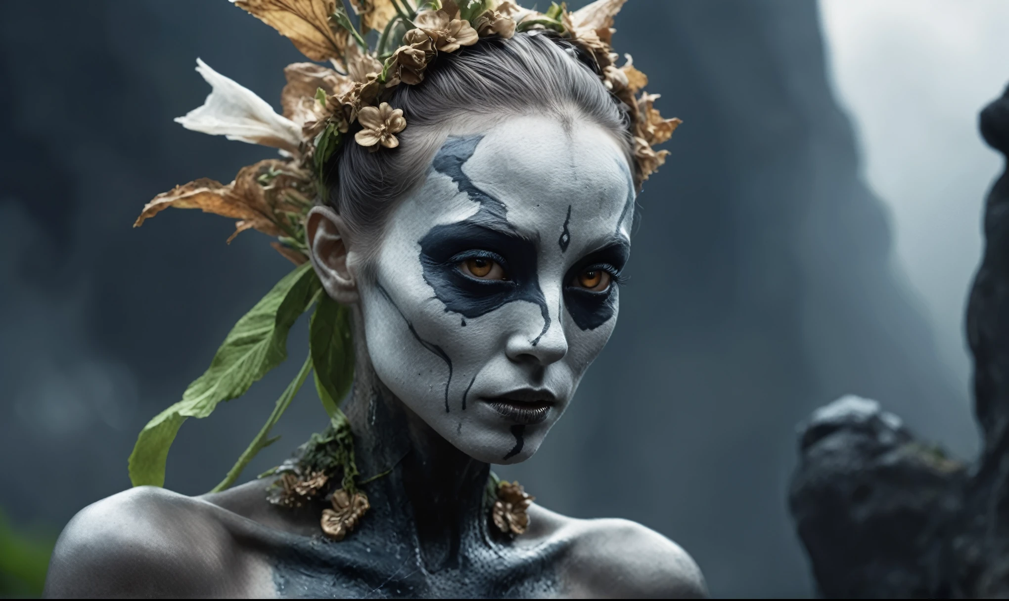 full body length,Magical plant ghost flower, ghost flower,carismatic，Incredible，terror ,extremely detailed,intricate details,eyes extremely detailed, high detailed eyes,16k resolution, realistic humid skin,extremely intricate details,Epic Realistic,face anatomically correct,Ultra HD,HDR, natural skin textures, hyper realism,realistic skin texture, hyper detailed,extremely Realism,Ultra Detailed,body logically correct,full body length shot,beggar graphite silver sparas, wants eat,survival in criminal city of future,Cinematic,soft colors, Technicolor,natural skin textures, hyper realism, hyper detailed,Extremely detailed,High contrast,Masterpiece,Realistic,Ultra Detailed, intricate details,realistic humid leather,extremely intricate,Epic Realistic, cinematic style,irina yermolova,high contrast,hdr,extremely detailed, [deep night landscape],masterpiece,intricate details,faded,eyes extremely detailed, high detailed eyes,16k resolution,RAW,retina, Nikon Z9,China,Songbird,orc, Guangxi Zhuang of China,tkt style, Pisces, perfect, ginger，transition between two art styles, Ink painting to photorealism, Double contact, X-ray, Creative, vivid light, masterpiece, fantasy, Abstract, Surrealism, super detailed, high resolution, stop:35,(((creature with a spectral and ghostly appearance)). Her skin is pale, almost translucent.wears weird and deep dark, ancient rock paintings of the first people,of sharkfish's leather
