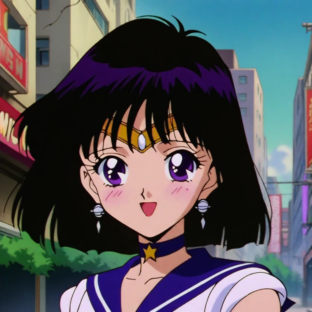 masterpiece, best quality, very aesthetic, absurdres, Sailor Saturn XL, 1990s \(style\), anime artwork, anime style, perfect face, perfect composition, moist skin, intricate details, beautiful detailed eyes, vibrant colors, BREAK 1girl, solo, teen, short hair, black hair, purple eyes, flat chest, skinny, sailor senshi uniform, (purple sailor collar:1.1), tiara, earrings, jewelry, star choker, star brooch, maroon bowtie, shiny clothes, BREAK smile, blush, open mouth, (model pose:1.2), outdoors, city, wind, upper body,