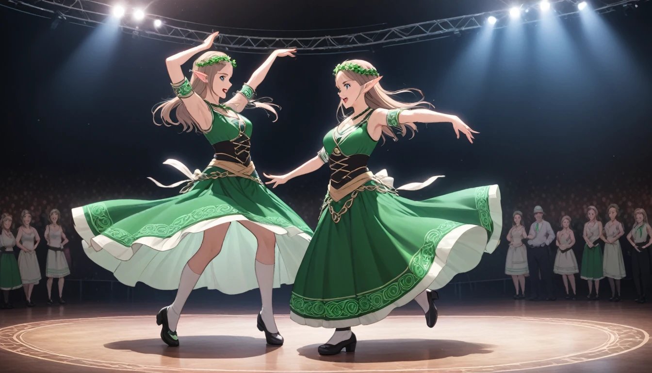 An elf woman dancing Irish dance in a Celtic costume An elf woman dancing step dance in a Celtic costume