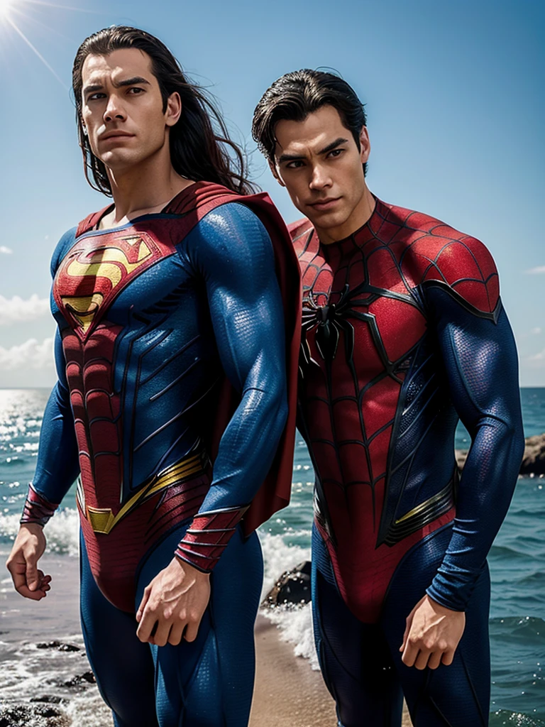 An impressive half-body, zoom-in photo featuring Superman and spiderman standing together by the ocean. Superman and Spiderman are seen in their classic costumes, while Spiderman wears a modern, sleek outfit. They were both surprised. Their strong and heroic personalities are accentuated by the bright, shining sun and the vast, blue sea behind them. The atmosphere is a mix of energy, friendliness and hope. 8k ultra 