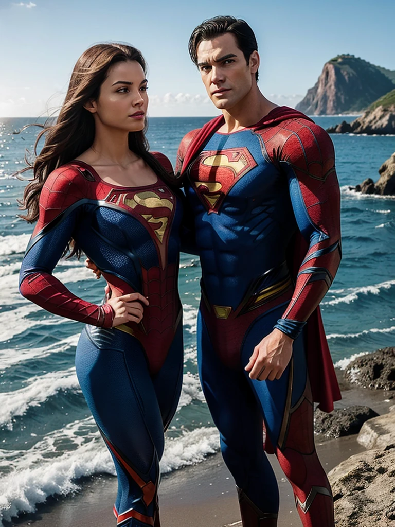 An impressive half-body, zoom-in photo featuring Superman and spiderman standing together by the ocean. Superman and Spiderman are seen in their classic costumes, while Spiderman wears a modern, sleek outfit. They were both surprised. Their strong and heroic personalities are accentuated by the bright, shining sun and the vast, blue sea behind them. The atmosphere is a mix of energy, friendliness and hope. 8k ultra