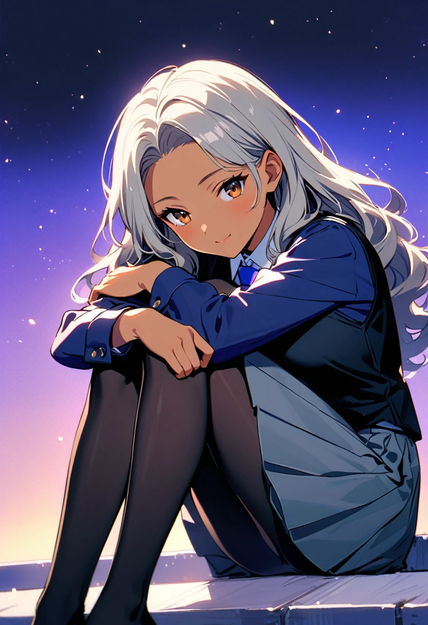 a woman, 19-years-old, solo, mature face, average height, tan skin, (long black wavy hair that's parted in the middle:1.2), no bangs, brown eyes, warm smile, black waistcoat, white formal shirt, gray pleated skirt, blue necktie, black tights, (sitting with knees up, hugging knees, head resting on knees, bright indigo background:1.1)