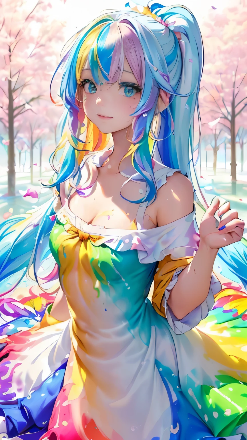 (Pink Fashion T-shirt:1.9),(Colorful hair: 1.8), (all the colours of the rainbow: 1.8),(((((vertical painting:1.6))), (painting:1.6),front, comics, illustrations, paintings, large eyes, crystal clear eyes,( rainbow color gradient high ponytail:1.7), exquisite makeup, closed mouth,(Small Fresh: 1.5),(Wipe Chest: 1.6) ,long eyelashes, white off shoulder T-shirt, White Shoulder Shirt,looking at the audience, large watery eyes, (rainbow colored hair:1.6), color splash, (solo:1.8), color splash, color explosion, thick paint style, messy lines, ((shining)),(colorful), (colorful), (colorful), colorful, Thick Paint Style, (Splash) (Color Splash), Vertical Painting, Upper Body, Paint Splash, Acrylic Pigment, Gradient, Paint, Highest Image Quality, Highest Quality, Masterpiece, Solo, Depth of Field, Face Paint, colorful clothes, (Elegant: 1.2), gorgeous,long hair, wind, (Elegant: 1.3), (Petals: 1.4),(((masterpiece))),(((best quality))),((ultra-detailed)),(illustration),(dynamic angle),((floating)),(paint),((disheveled hair)),(solo),(1girl) , (((detailed anima face))),((beautiful detailed face)),collar,bare shoulders,white hair, ((colorful hair)),((streaked hair)),beautiful detailed eyes,(Gradient color eyes),(((colorful eyes))),(((colorful background))),(((high saturation))),(((surrounded by colorful splashes))),